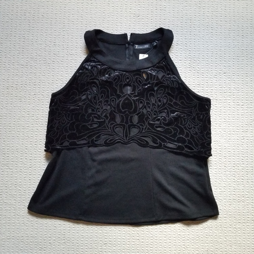 New York & Co black sleeveless baroque overlay blouse size XL